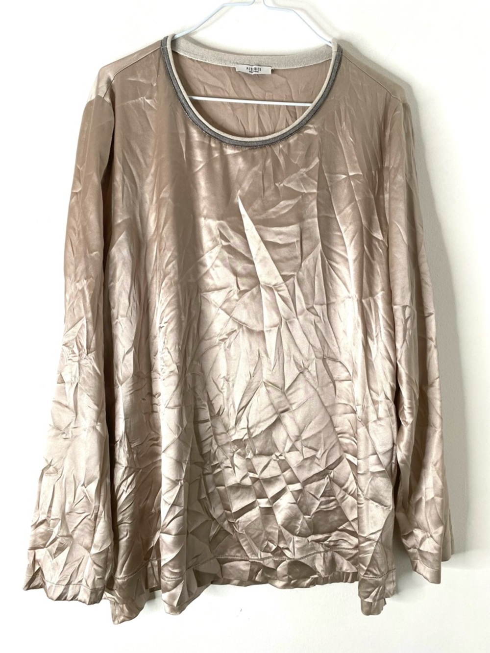 Peserico Made in Italy Taupe Silk Blouse Beaded Trim Neutral Luxury Top